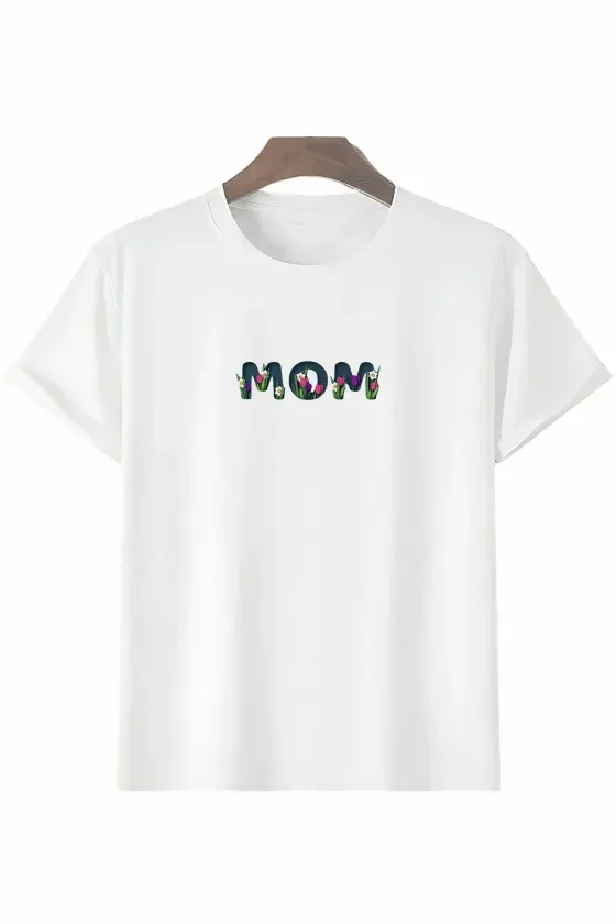 Anneler Günü Hediye Mom Çiçek Baskılı Oversize Bisiklet Yaka T-shirt - Beyaz