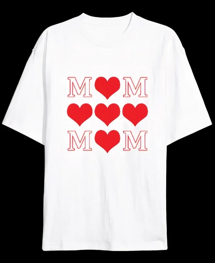 Anneler Günü Hediye MOM Kalp Baskılı Oversize Bisiklet Yaka T-shirt - Beyaz