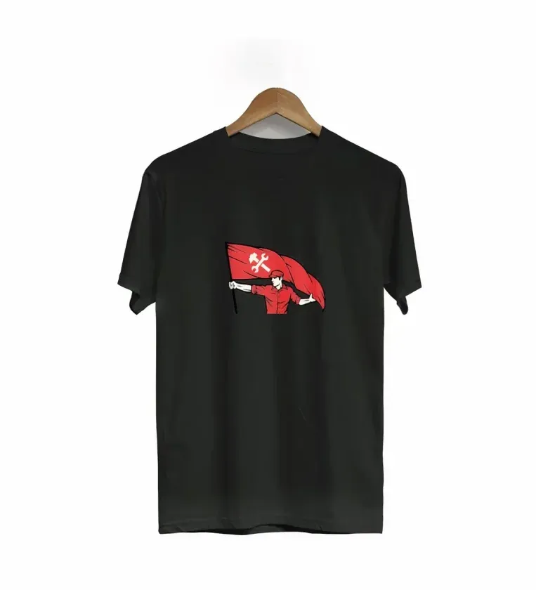 1 Mayıs Emek Ve Dayanışma Bayraklı Emekçi Baskılı Bisiklet Yaka T-shirt - Siyah