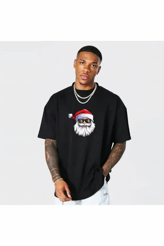 Yılbaşı Gözlüklü Noel Baba Baskılı Kısa Kollu Oversize Bisiklet Yaka T-shirt - Siyah