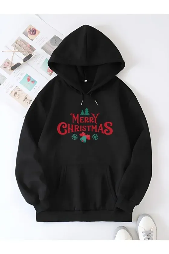 Yılbaşı Merry Christmas Baskılı Oversize Kapüşonlu Sweatshirt Hoodie - Siyah