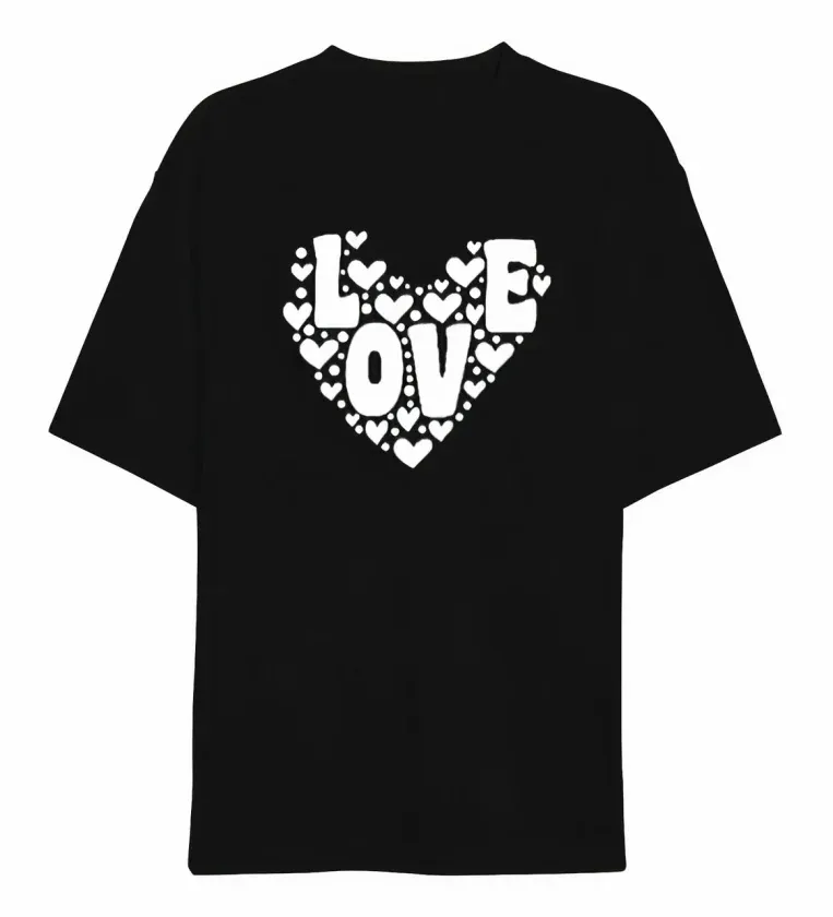 14 Şubat Sevgililer Günü Love Kalp Baskılı Oversize Bisiklet Yaka T-shirt - Siyah
