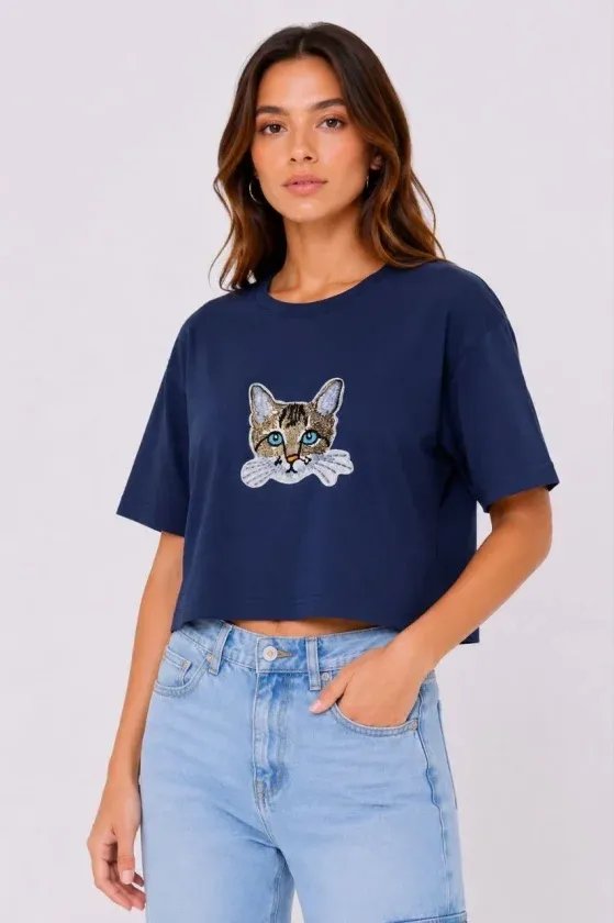 Kedi Baskılı Oversize Crop Tişört Salaş Basic Yarım Kol T-shirt - Lacivert