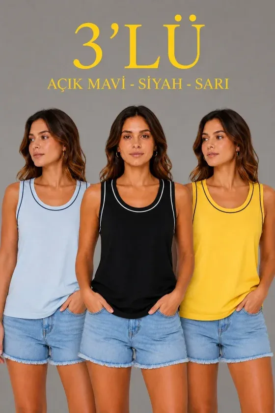 3’lü Kolsuz Sporcu Atlet Seti Yazlık Bisiklet Yakalı - Sarı, Siyah, Bebe Mavisi