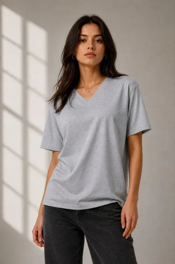 V Yaka Basic Tişört Kısa Kol Yazlık Regular Fit T-Shirt - Gri