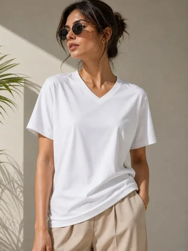 V Yaka Basic Tişört Kısa Kol Yazlık Regular Fit T-Shirt - Beyaz