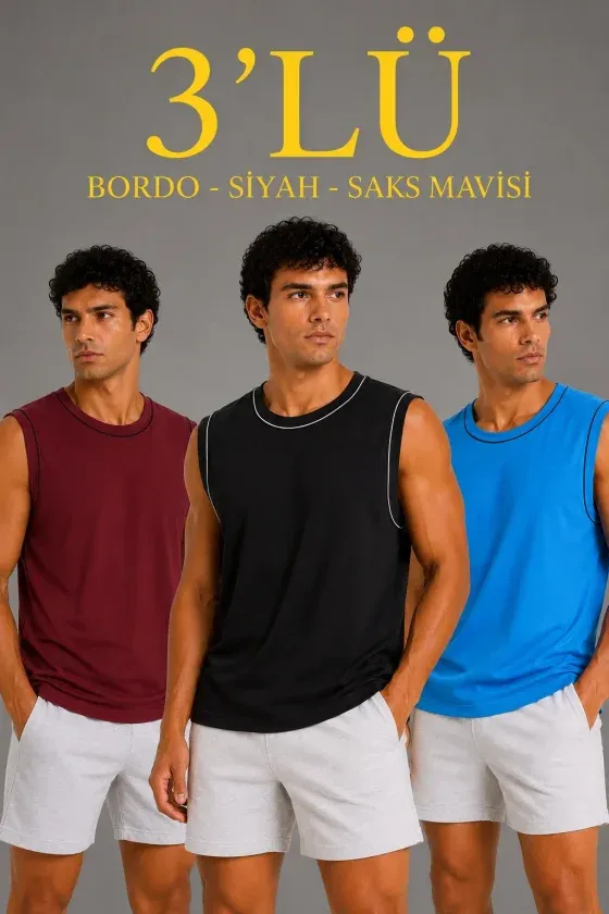 Erkek 3’lü Kolsuz Sporcu Atlet Seti Yazlık Bisiklet Yaka - Siyah, Bordo, Turkuaz