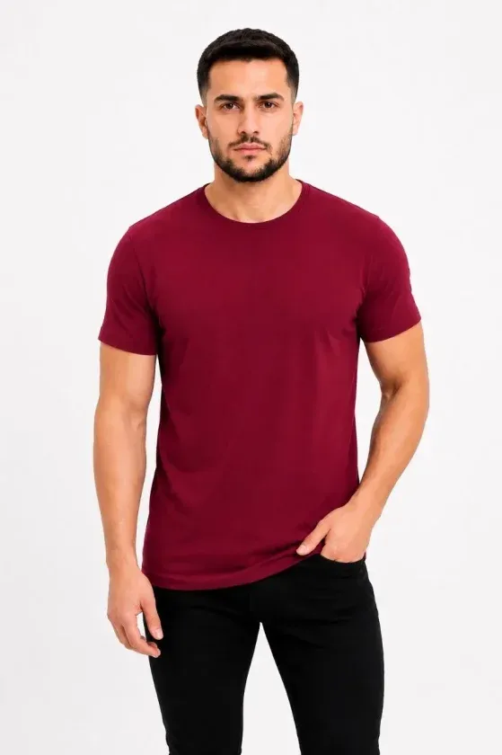 Erkek Basic Tişört Bisiklet Yaka Kısa Kol Günlük Yazlık Slim Fit T-Shirt - Bordo