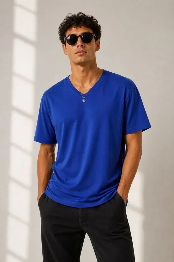 Erkek V Yaka Basic Tişört Kısa Kol Yazlık Regular Fit T-Shirt - Saks Mavisi