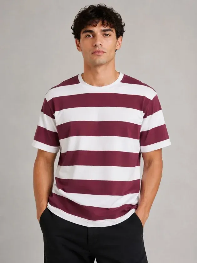 Erkek Çizgili Oversize Tişört Bisiklet Yaka Kısa Kol Yazlık T-Shirt - Bordo