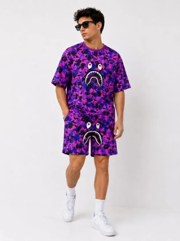 Erkek Oversize Kalıp Pubg Bape X Shark Nakışlı Cepli Şort Takım - Mor