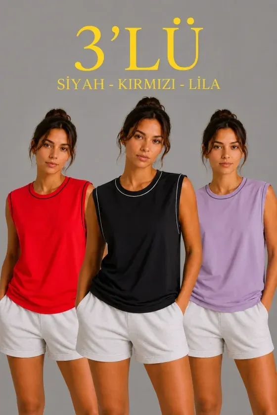3’lü Kolsuz Sporcu Atlet Seti Yazlık Bisiklet Yaka - Siyah, Kırmızı, Lila