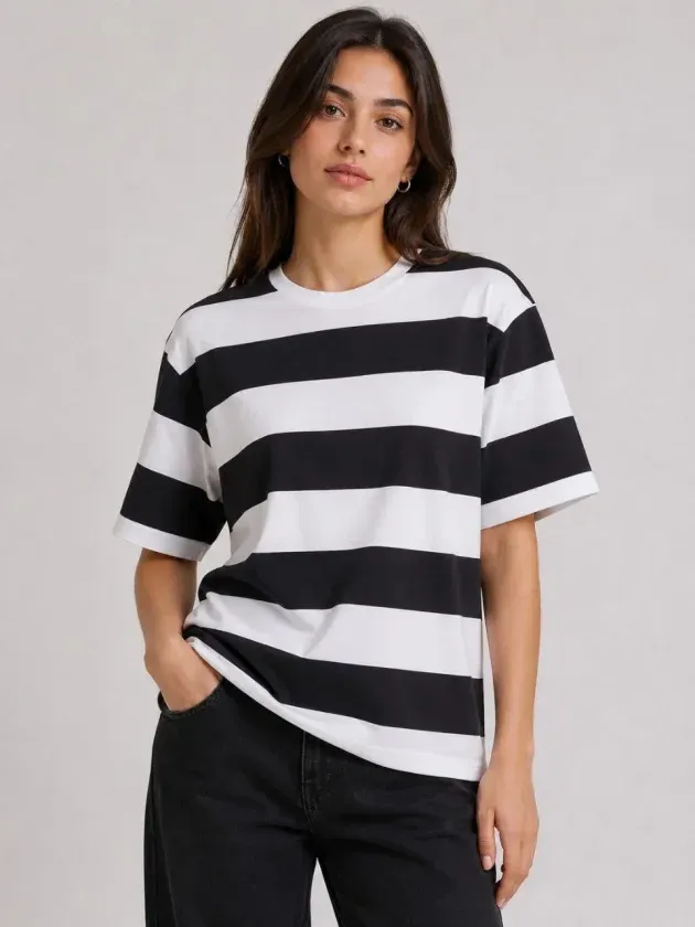 Çizgili Oversize Tişört Bisiklet Yaka Kısa Kol Yazlık T-Shirt - Siyah