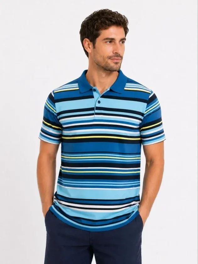 Erkek Çizgili Polo Yaka Tişört Kısa Kol Yazlık T-Shirt Regular Fit - Mavi
