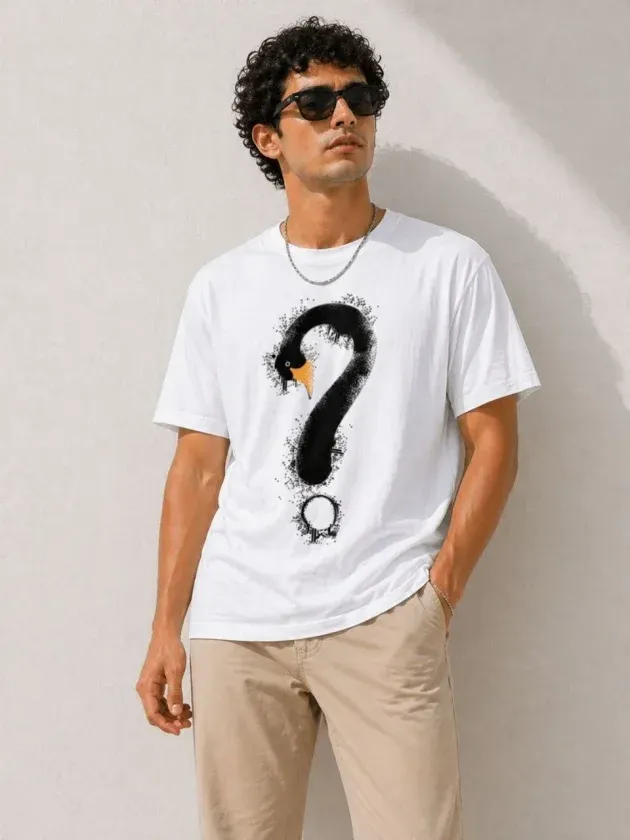 Erkek Kuğu Figürlü Soru İşareti Baskılı Tişört Kısa Kol T-Shirt - Beyaz