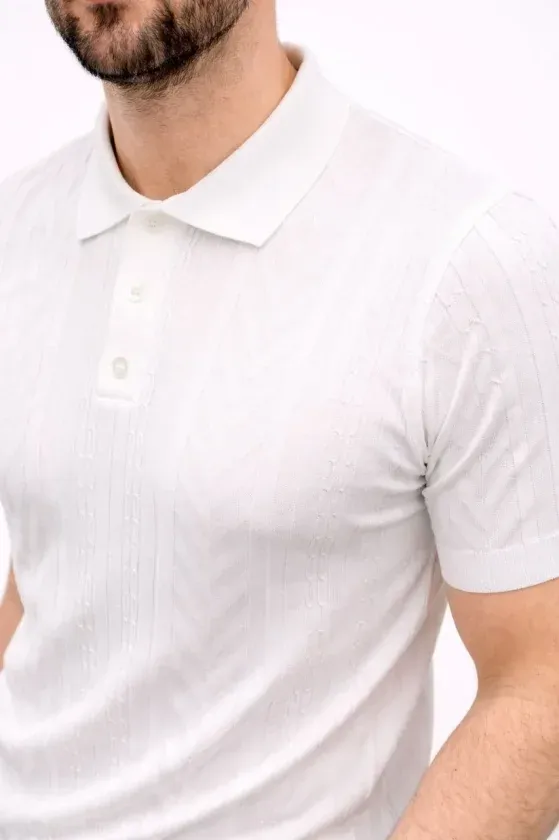 Erkek Yazlık Triko Tişört Kısa Kol Polo Yaka Düğmeli T-Shirt - Beyaz