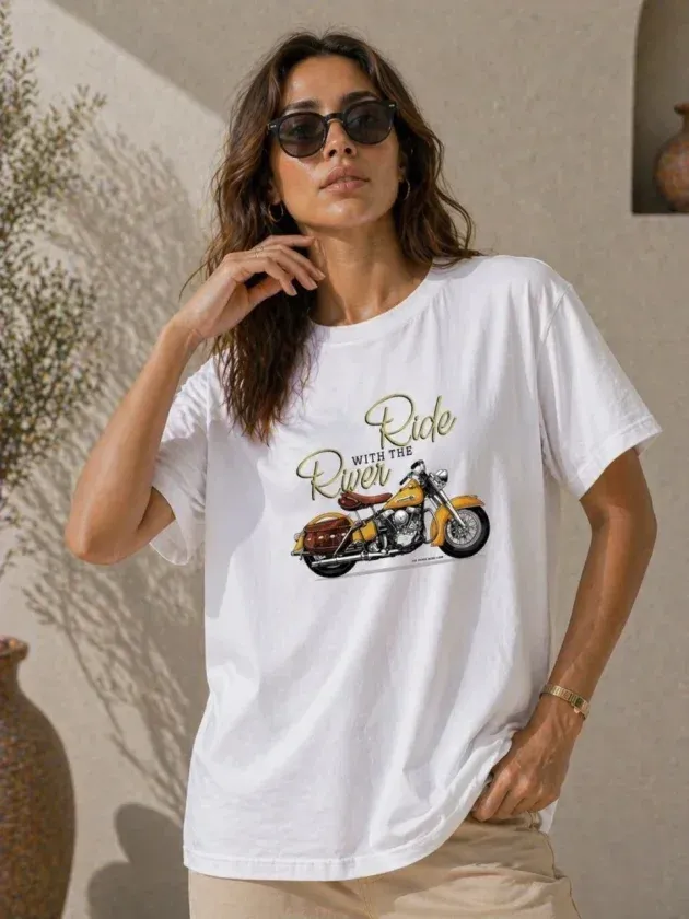Motosiklet Baskılı Tişört Bisiklet Yaka Kısa Kol Yazlık T-Shirt - Beyaz
