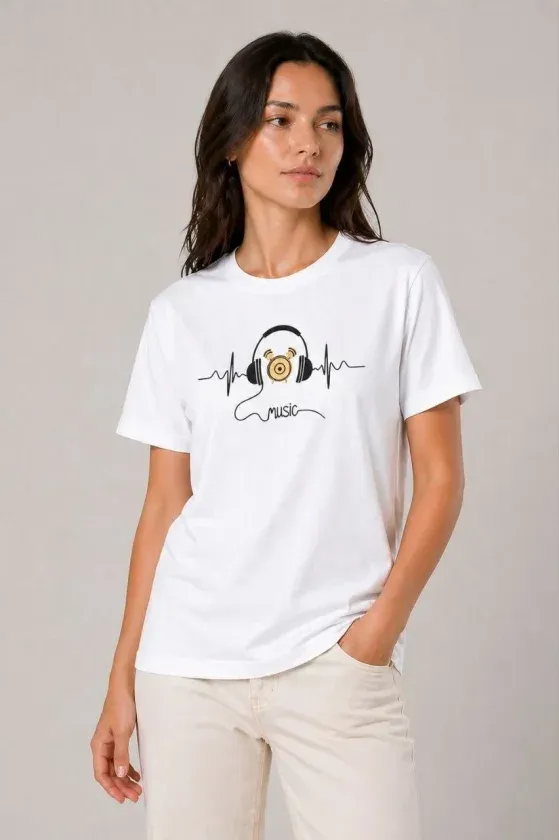 Müzik Temalı Baskılı Tişört Bisiklet Yaka Kısa Kol T-Shirt - Beyaz