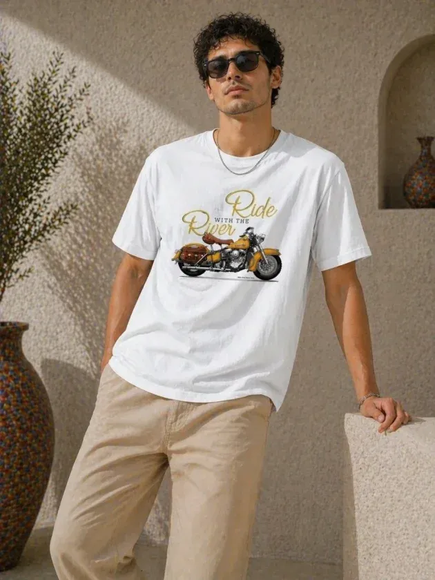 Erkek Motosiklet Baskılı Tişört Bisiklet Yaka Kısa Kol Yazlık T-Shirt - Beyaz