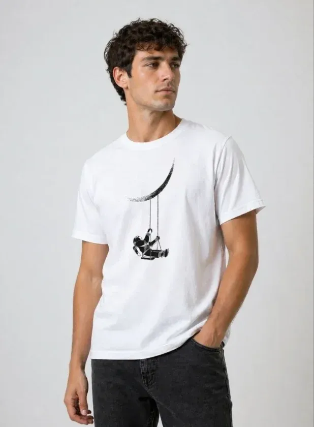 Erkek Astronot Ay Temalı Tişört Kısa Kol Yazlık Bisiklet Yaka T-Shirt - Beyaz