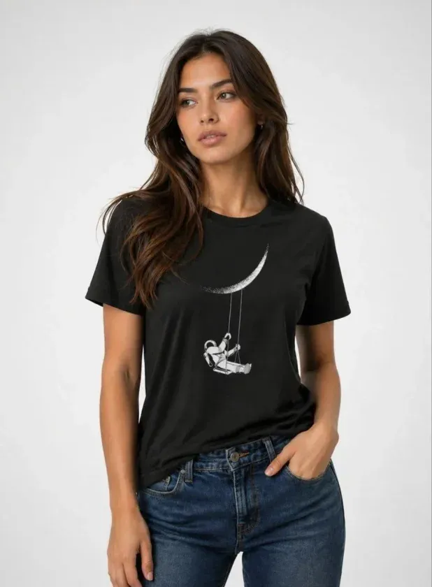 Astronot Ay Temalı Tişört Kısa Kol Yazlık Bisiklet Yaka T-Shirt - Siyah