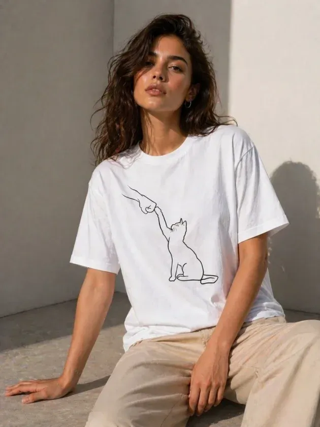 Minimal Kedi Çizim Baskılı Tişört Kısa Kol Yazlık T-Shirt - Beyaz