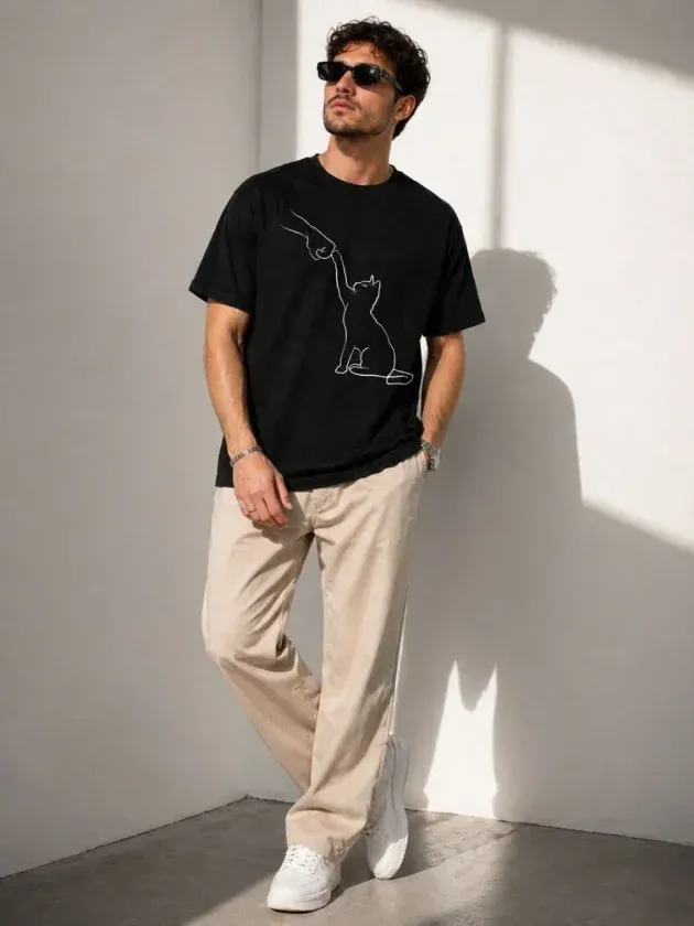 Erkek Minimal Kedi Çizim Baskılı Tişört Kısa Kol Yazlık T-Shirt - Siyah