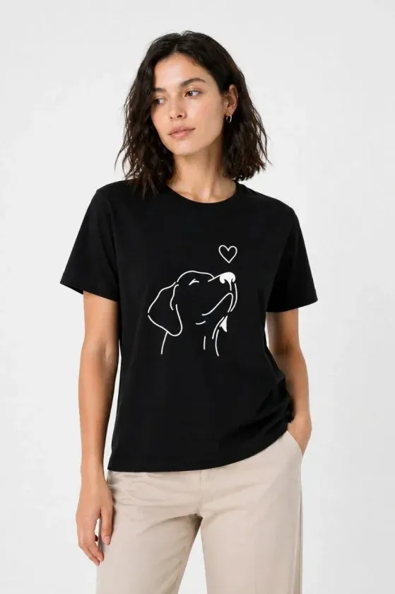 Köpek Figürlü Minimal Baskılı Tişört Kısa Kol Yazlık T-Shirt - Siyah
