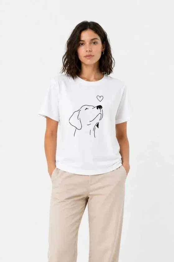 Köpek Figürlü Minimal Baskılı Tişört Kısa Kol Yazlık T-Shirt - Beyaz