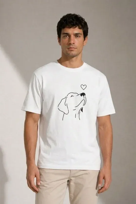 Erkek Köpek Figürlü Minimal Baskılı Tişört Kısa Kol Yazlık T-Shirt - Beyaz