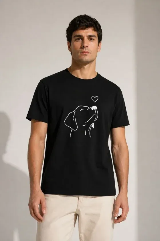 Erkek Köpek Figürlü Minimal Baskılı Tişört Kısa Kol Yazlık T-Shirt - Siyah