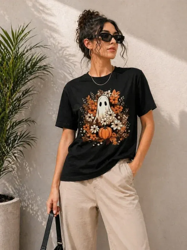 Balkabağı Hayalet Baskılı Tişört Kısa Kol Yazlık T-Shirt - Siyah
