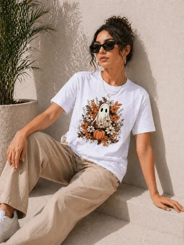 Balkabağı Hayalet Baskılı Tişört Kısa Kol Yazlık T-Shirt - Beyaz