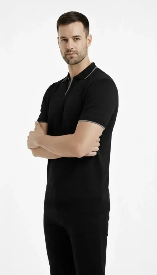 Erkek Triko Kumaş Yakalı Düğmesiz Açık Yaka Fitilli Kısa Kollu Regular Fit Tişört T-shirt - Siyah