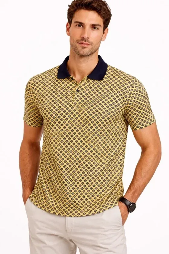 Erkek Pike Kumaş Polo Yaka Desenli Tişört Kısa Kol Yazlık T-Shirt - Sarı