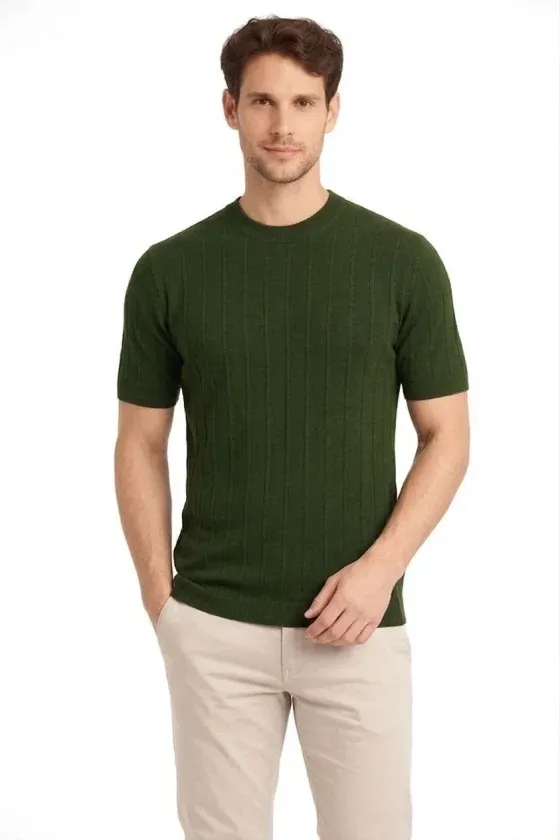 Erkek Yazlık Fitilli Triko Tişört Kısa Kol Bisiklet Yaka T-Shirt - Haki