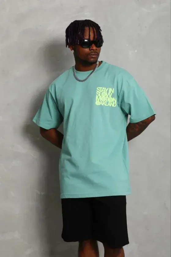 Erkek Baskılı T-Shirt Kısa Kol Bisiklet Yaka Regular Fit Rahat Kalıp Günlük Tişört - Mint Yeşili