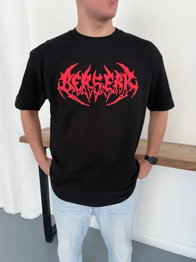 Erkek Baskılı T-Shirt Yazlık Kısa Kol Bisiklet Yaka Rahat Kalıp Tişört - Siyah