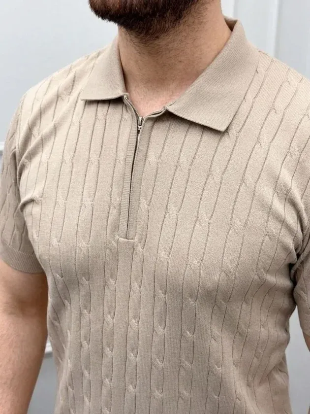 Erkek Yazlık Triko Saç Örgü Tişört Kısa Kol Polo Yaka Fermuarlı T-Shirt - Bej