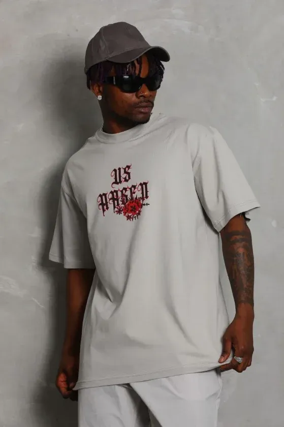 ERKEK Oversize Baskılı Bisiklet Yaka T-Shirt - Gri