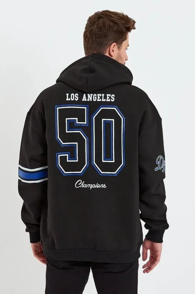 Erkek Baskılı Kapşonlu Üç Iplik Oversize Sweatshirt - Siyah