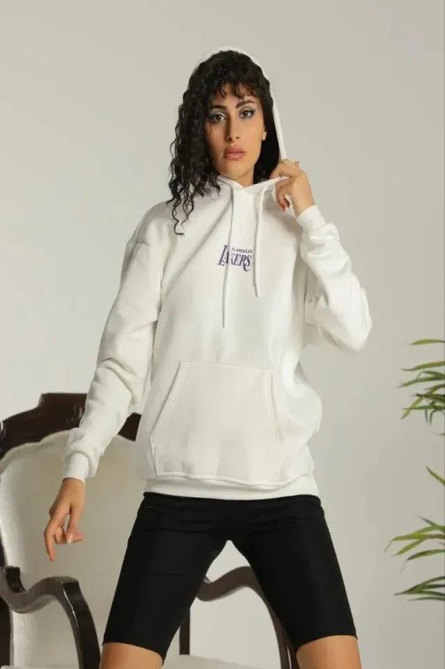 24 Sırt Baskılı Ovresize Üç İplik Kapüşonlu Sweatshirt - Beyaz