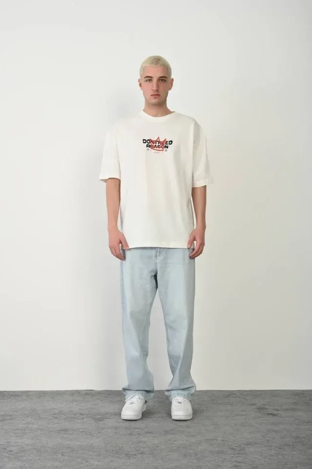 Unisex Bisiklet Yaka Baskılı Oversize T-Shirt - Beyaz