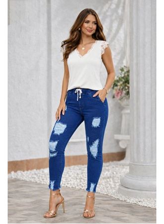 Kadın Yüksek Bel Beli Bağcıklı önden Yırtık Desenli Kot Pantolon
