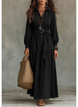 Kadın Uzun Kollu Yakalı önden Düğmeli Beli Metal Kemerli Dokuma Maksi Elbise