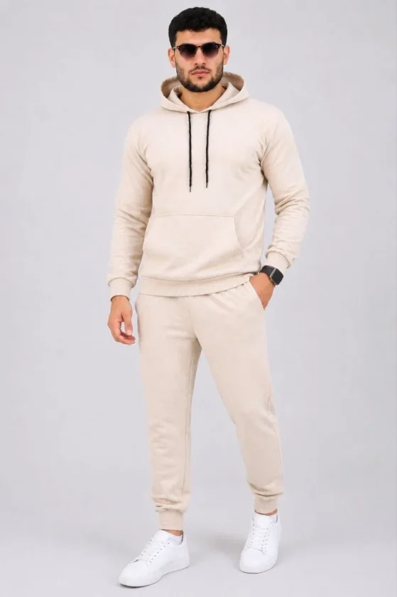 Erkek İki İplik Kapüşonlu Kanguru Cepli Sweatshirt Jogger Pantolon Alt Üst Eşofman Takımı -Bej