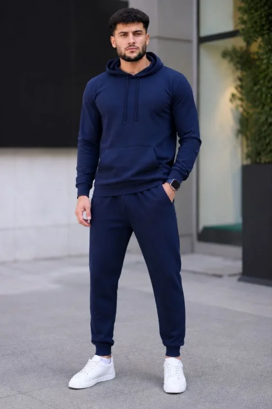 Erkek İki İplik Kapüşonlu Kanguru Cepli Sweatshirt Jogger Pantolon Alt Üst Eşofman Takımı - Lacivert