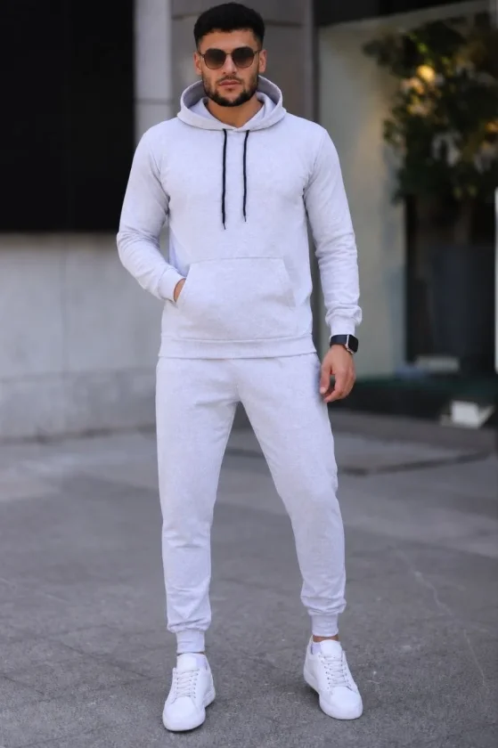 Erkek İki İplik Kapüşonlu Kanguru Cepli Sweatshirt Jogger Pantolon Alt Üst Eşofman Takımı -Beyaz