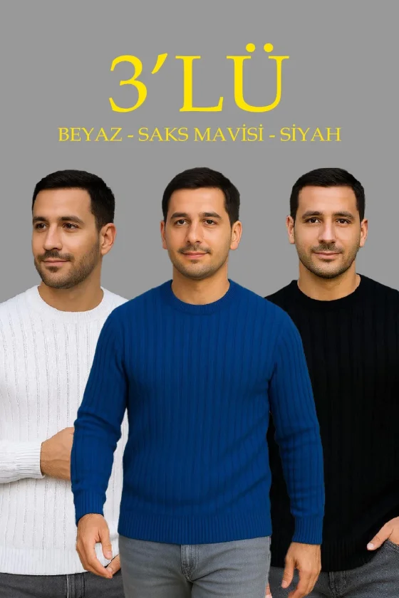 Erkek Fitilli Triko Bisiklet Yaka Kalın Kazak 3lü Set Beyaz-Saks Mavisi-Siyah