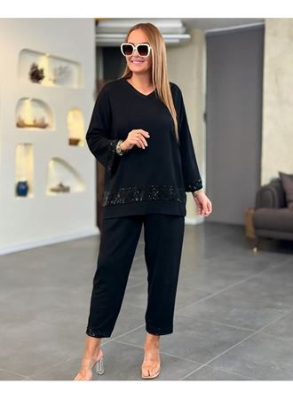Kadın Uzun Kollu V Yakalı Pulpayet Viskon Iki Iplik Bluz Ve Pantolon Takım